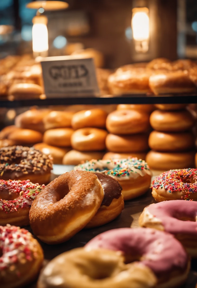 A high-resolution image of a donut shop display, with rows of perfectly round donuts in various flavors, colors, and designs, creating a visually inviting and tempting scene