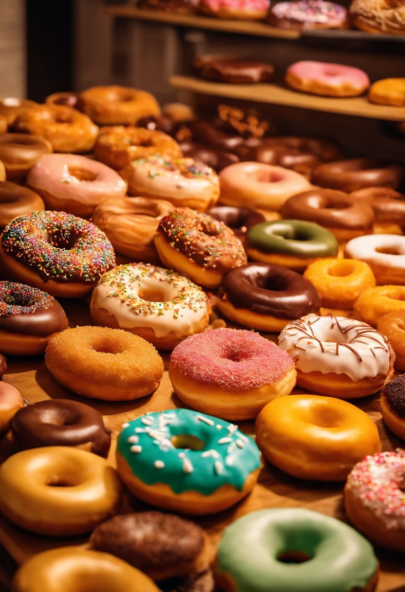 A high-resolution image of a donut shop display, with rows of perfectly round donuts in various flavors, colors, and designs, creating a visually inviting and tempting scene