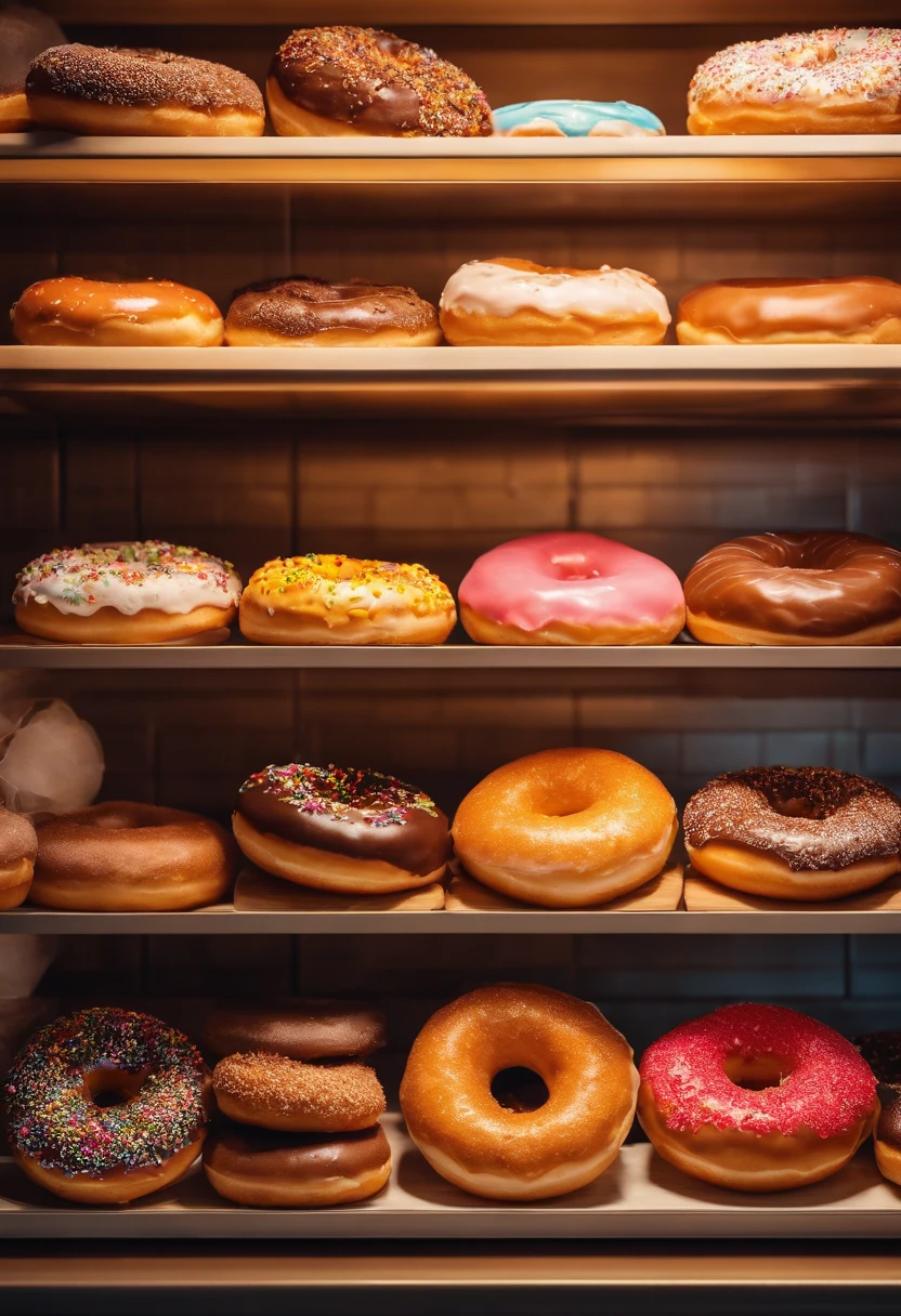 A high-resolution image of a donut shop display, with rows of perfectly round donuts in various flavors, colors, and designs, creating a visually inviting and tempting scene