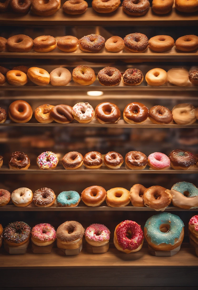 A high-resolution image of a donut shop display, with rows of perfectly round donuts in various flavors, colors, and designs, creating a visually inviting and tempting scene