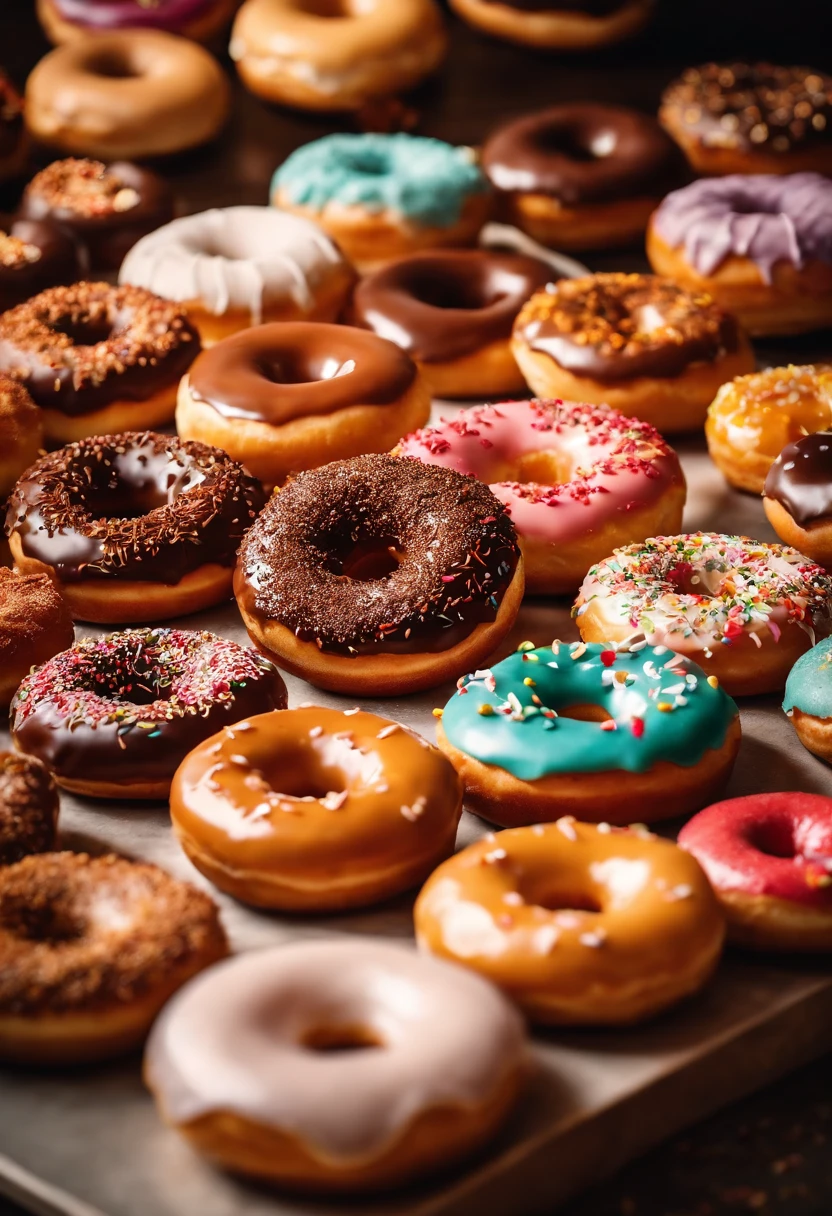 A high-resolution image of a donut shop display, with rows of perfectly round donuts in various flavors, colors, and designs, creating a visually inviting and tempting scene