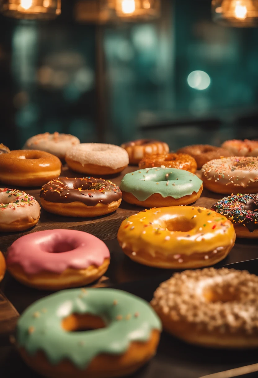 A high-resolution image of a donut shop display, with rows of perfectly round donuts in various flavors, colors, and designs, creating a visually inviting and tempting scene