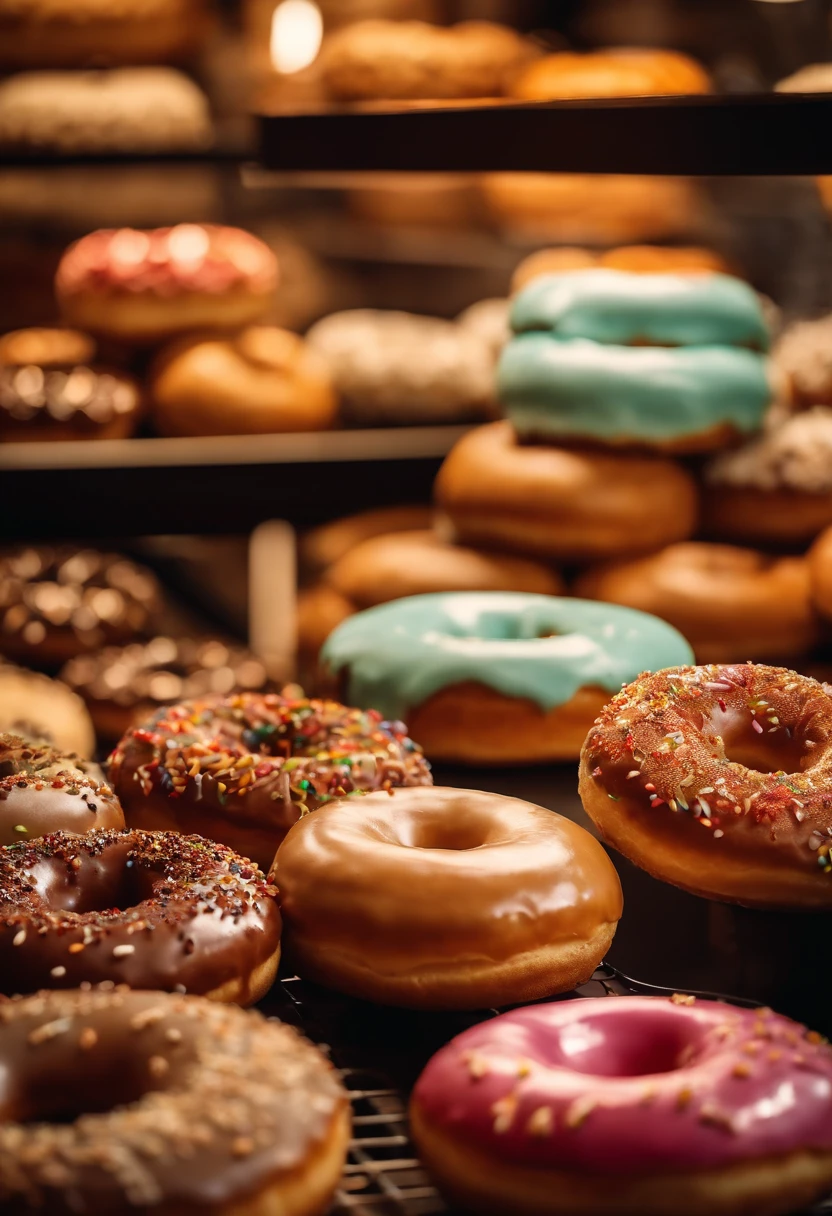 A high-resolution image of a donut shop display, with rows of perfectly round donuts in various flavors, colors, and designs, creating a visually inviting and tempting scene