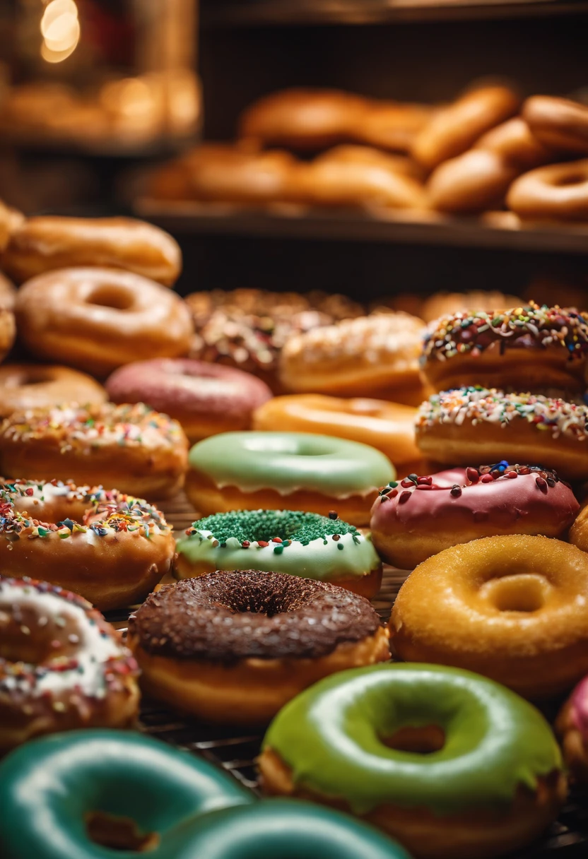 A high-resolution image of a donut shop display, with rows of perfectly round donuts in various flavors, colors, and designs, creating a visually inviting and tempting scene