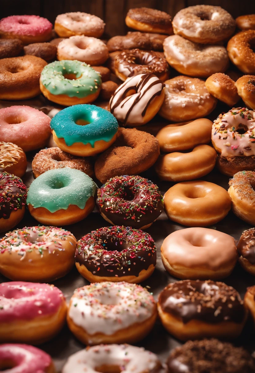 A high-resolution image of a donut shop display, with rows of perfectly round donuts in various flavors, colors, and designs, creating a visually inviting and tempting scene