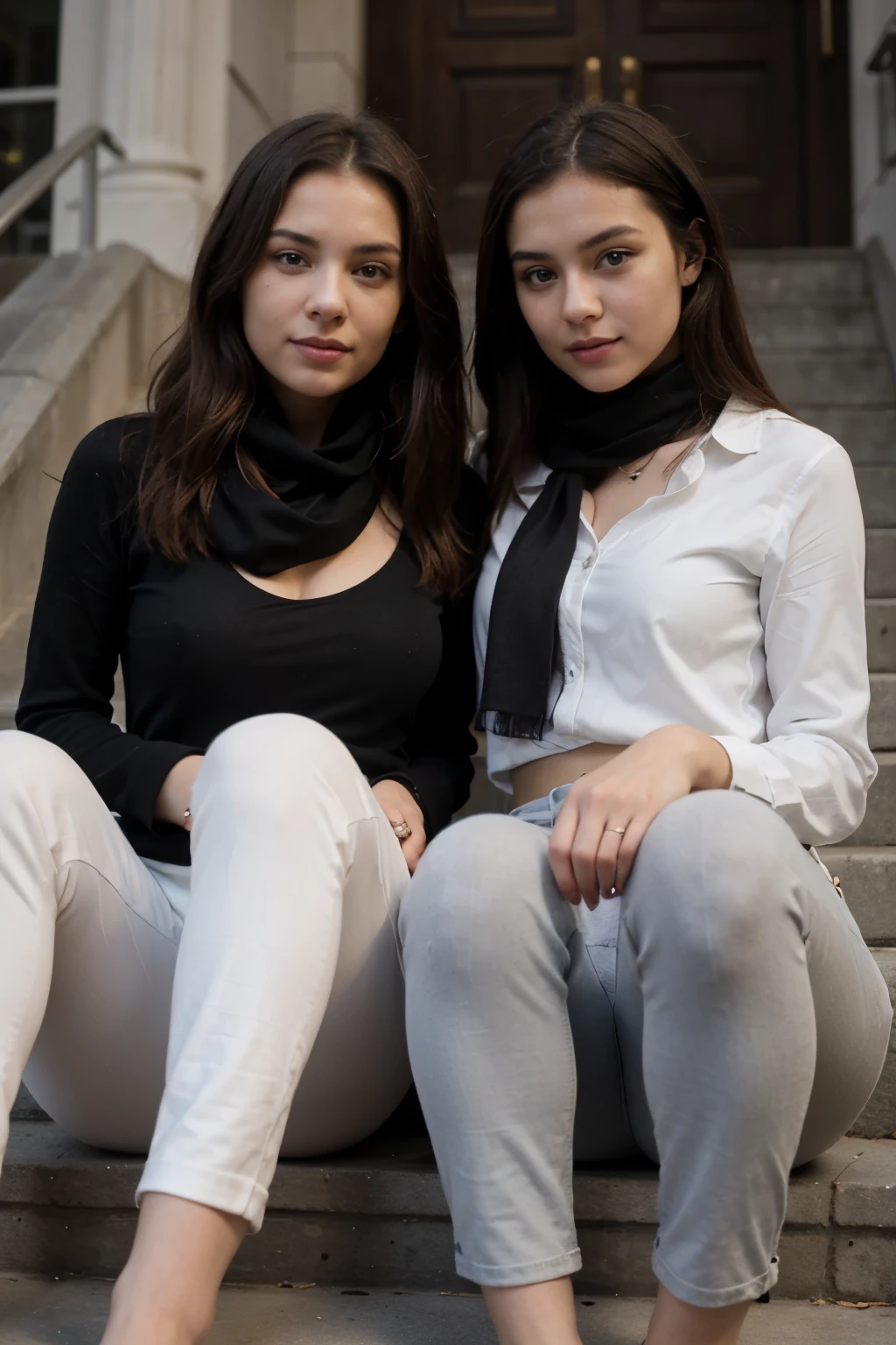 The image depicts a two young woman sitting on a set of stairs, wearing a black scarf, a white shirt, and black pants. She is posing for the camera with a confident expression on her face.