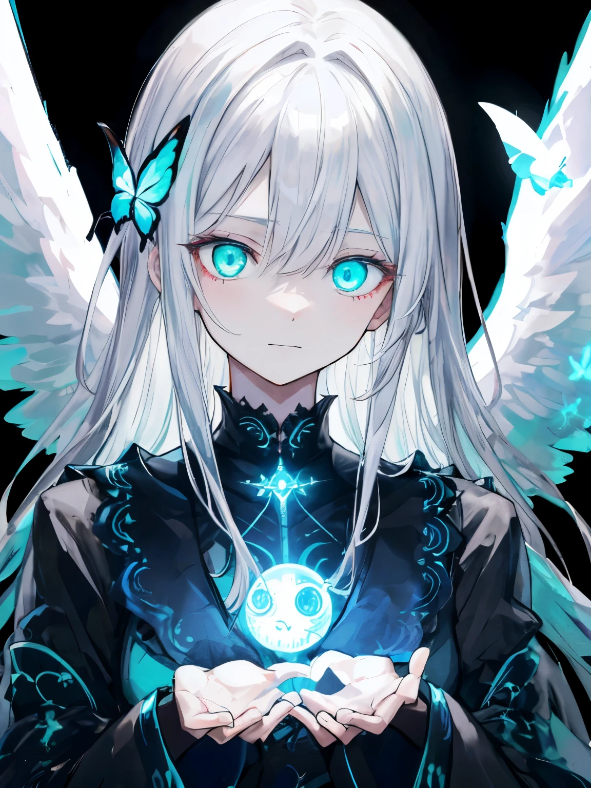 Best Quality、masutepiece、Ultra-detailed、face perfect、Extremely detailed、Extremely delicate、1 boy, (Scary), Angel, blanche髪、Long hair、Gorgeolanche'The halo), Dark, Glowing eyes, Light green eyes, Angel wings, holy, , blancheのチュニック, 2対のblanche angel wings, which are full of confidence, Keep your mouth shut、Expressive eyes, collofull eyes, Contrasty, shadowy, masutepiece, Digital Art, Glowing eyes, Intimidating, corrupted, Demonic, Abstract background, blanche, black and teal、両手にblancheく輝く星を浮かばせる、fear、A light blue butterfly dances