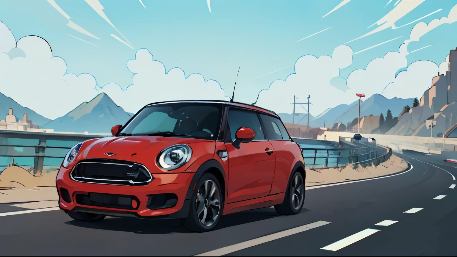 stunning Mini Cooper, glossy finish, vibrant red color, sleek design, shining chrome details, powerful performance, low-profile tires, panoramic sunroof, dynamic driving experience, city streets, urban lifestyle, fast and agile, nimble handling, iconic British car, classic retro style, fashionable and trendy, attention-grabbing, spirited adventure, youthful energy, perfect blend of style and functionality, exciting road trip, wind in the hair, joyful and carefree, breathtaking views, explore new horizons, picturesque landscapes, high-speed adrenaline rush, the embodiment of automotive art, masterpiece of engineering, high-res image, vivid colors, sharp focus.
