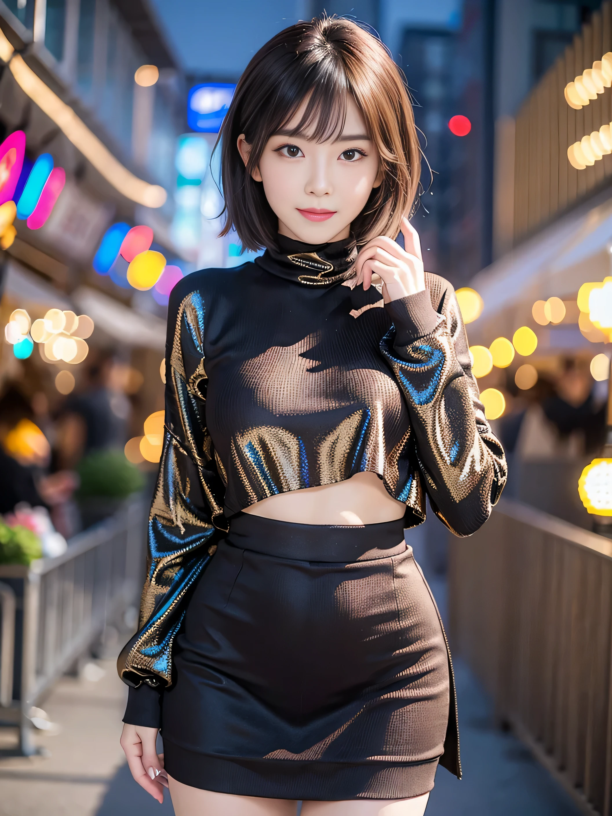 (8K,masutepiece, Raw photo,Best Quality:1.4),(photographrealistic:1.2),(extremely Detailed face),(Shiny skin),(Detailed skin),(Detailed face),(Extremely beautiful face),1girl in,Looking at Viewer,Japanese ido、(((Cute short hairstyle))),Smile,glamor,big chest jacket, Turtleneck sweater, Pleated skirt:1.2), Christmas Market,High Position,Professional Lighting、(((G Cup Big)))、Elegant Pose、 Looking at the camera、Standing、Full-body photos、