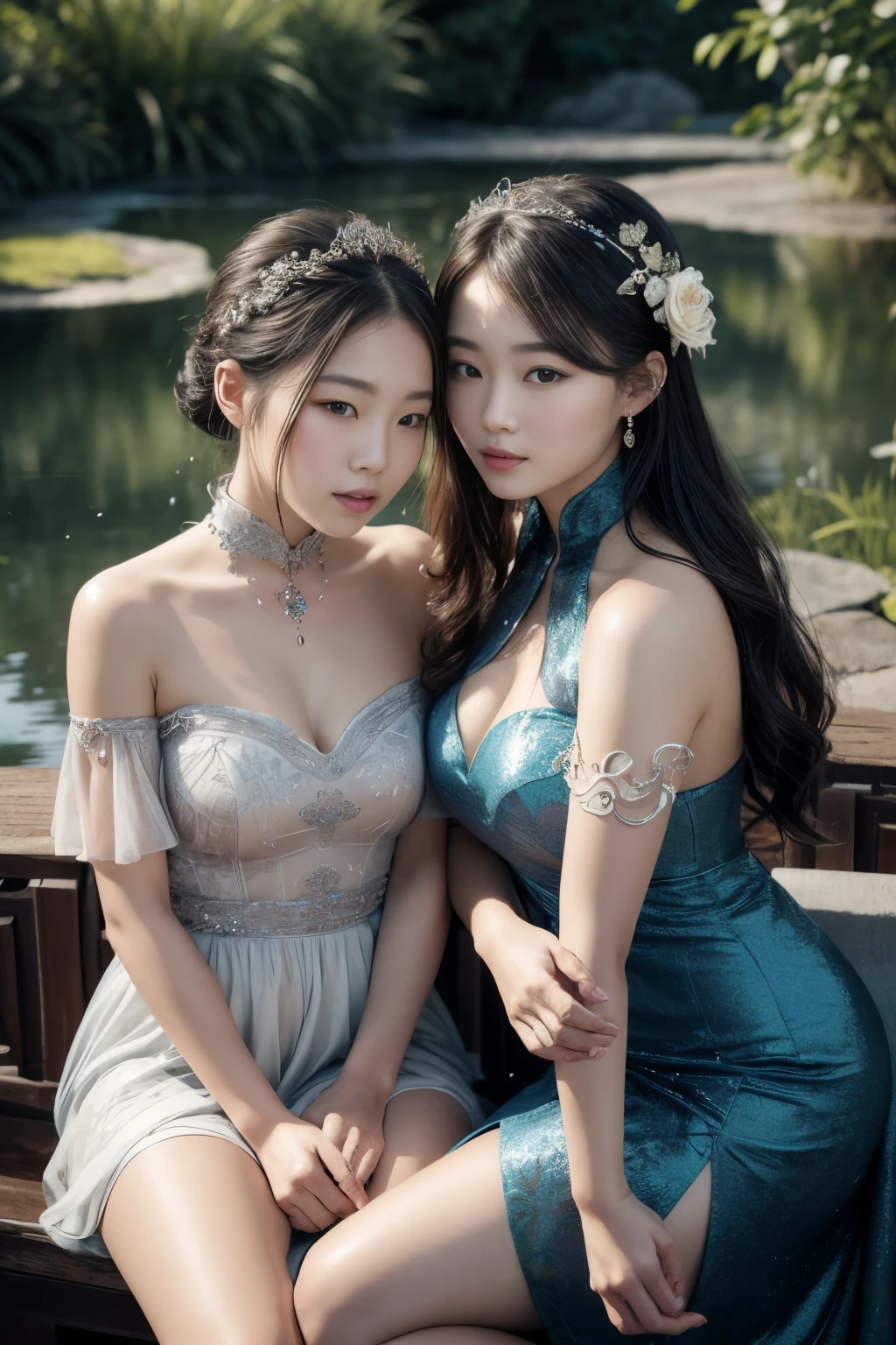 All faces must be different, high quality, highly detailed, a stunningly photorealistic closeup portrait of two beautiful Chinese women,faced, intricate detailed eyes,open shoulders,skirtlift,where two mysterious women sits by the edge of a pond, capturing a romantic atmosphere under the starry sky.POV, by lee jeffries, nikon d850, film stock photograph ,4 kodak portra 400 ,camera f1.6 lens ,rich colors ,hyper realistic ,lifelike texture, dramatic lighting , cinestill 800,