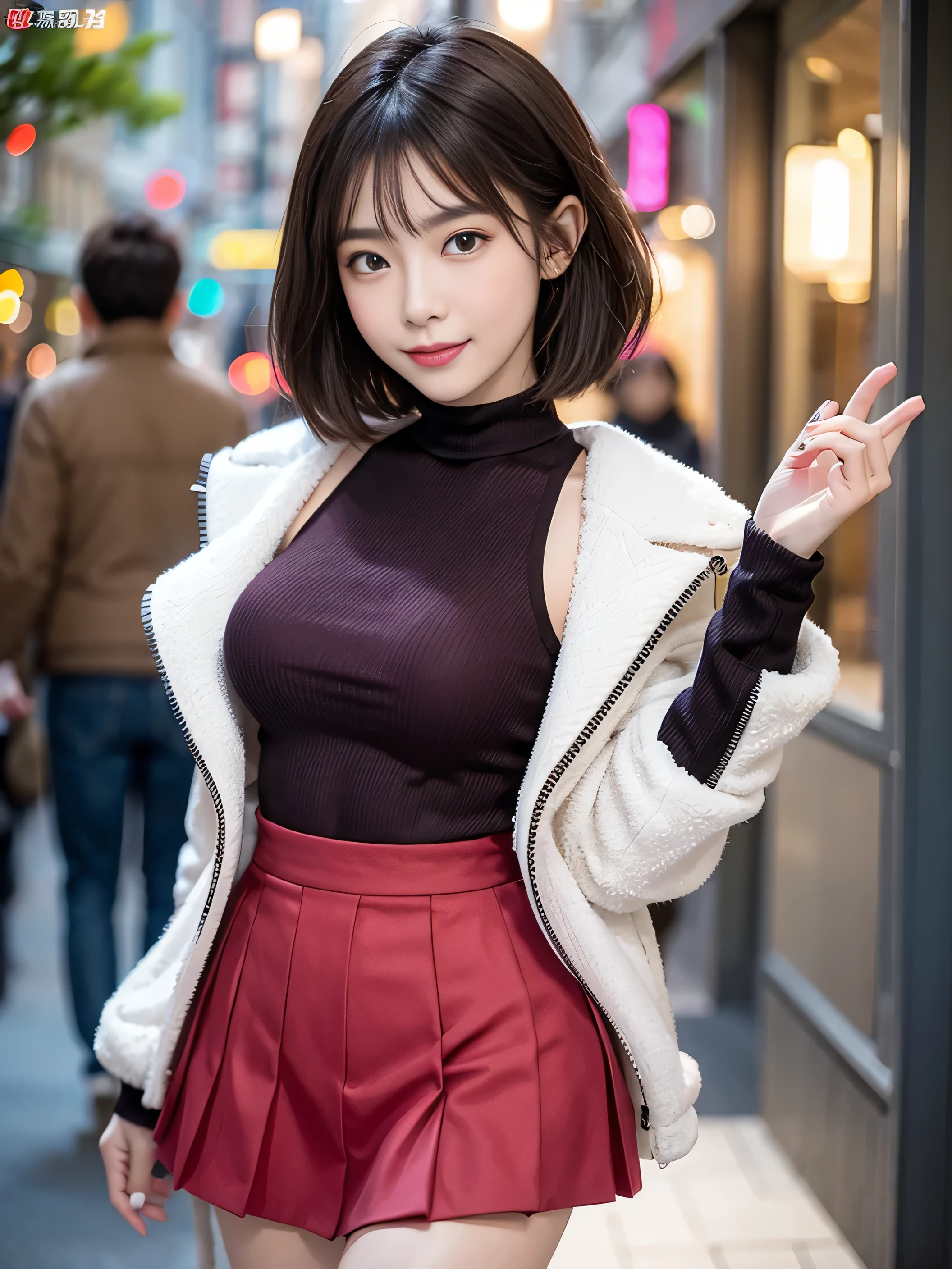 (8K,masutepiece, Raw photo,Best Quality:1.4),(photographrealistic:1.2),(extremely Detailed face),(Shiny skin),(Detailed skin),(Detailed face),(Extremely beautiful face),1girl in,Looking at Viewer,Japanese ido、(((Cute short hairstyle))),Smile,glamor,big chest jacket, Turtleneck sweater, Pleated skirt:1.2), Christmas Market,High Position,Professional Lighting、(((G Cup Big)))、Elegant Pose、 Looking at the camera、Standing、Full-body photos、