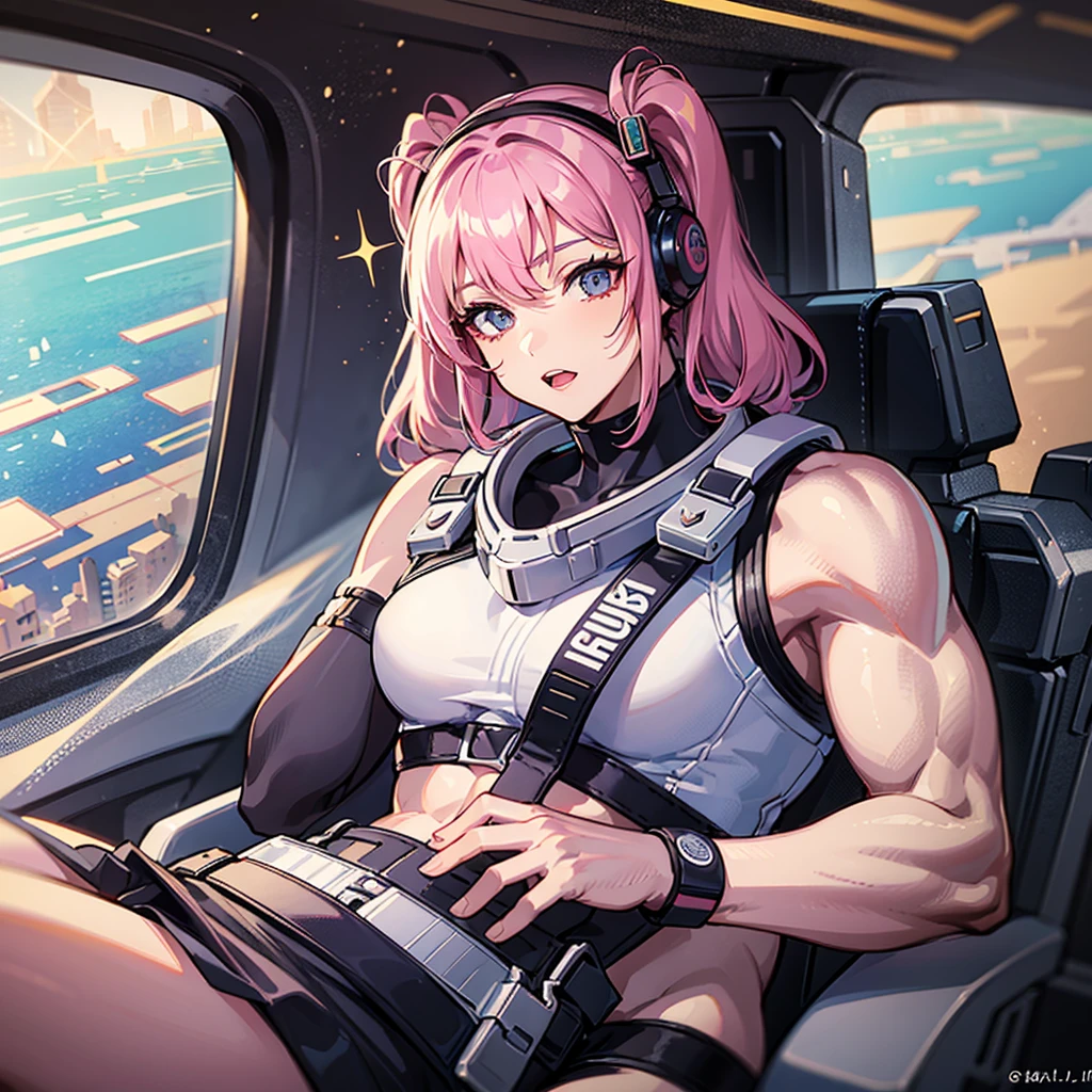 (((masterpiece、Top image quality、top-quality、highly detailed unity 8kwall-paper)))、((Illustration of one adult))、((25-years old))、(pilot)、(((Beautiful girl with a beautiful face、The body is a man)))、(((Twintails with pink hair)))、Light gray eyes、((Tall))、((Muscular strong man's body))、((Muscular strong man's body、solid chest、muscular chest plate、abdominals、muscular and thick arms、muscular and thick legs))、(((白いpilotスーツ)))、((manspreading、Sitting in the cockpit))、((space fighter cockpit、The Universe on the Monitor、Earth seen from space))