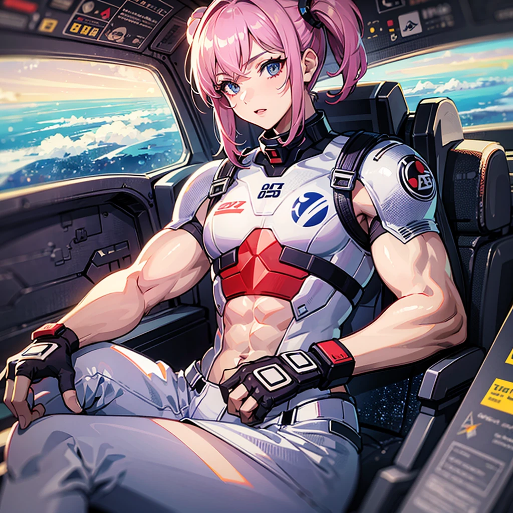 ((masterpiece)), ((best image quality)), (best image quality)), (((Illustration of one girl 1.5)), whole body, (((25 years old)), (Face is female, The body is male)), ((cute face:1.2, rounded jaws:1.2)), ((Twintails with pink hair)), light gray eyes, (((expensive)), ((flat)), (small breasts, small breasts:1.2), (muscular strong man's body)), ((muscular strong man's body)), ((Muscular chest plate)), ((abs, six pack)), (( muscular and thick arms)), ((muscular and thick legs)), ((Manspreading)), spread legs, ((wearing a white pilot suit)), ((Sitting in the cockpit)), (Space on the monitor, Earth seen from space, Spaceport)