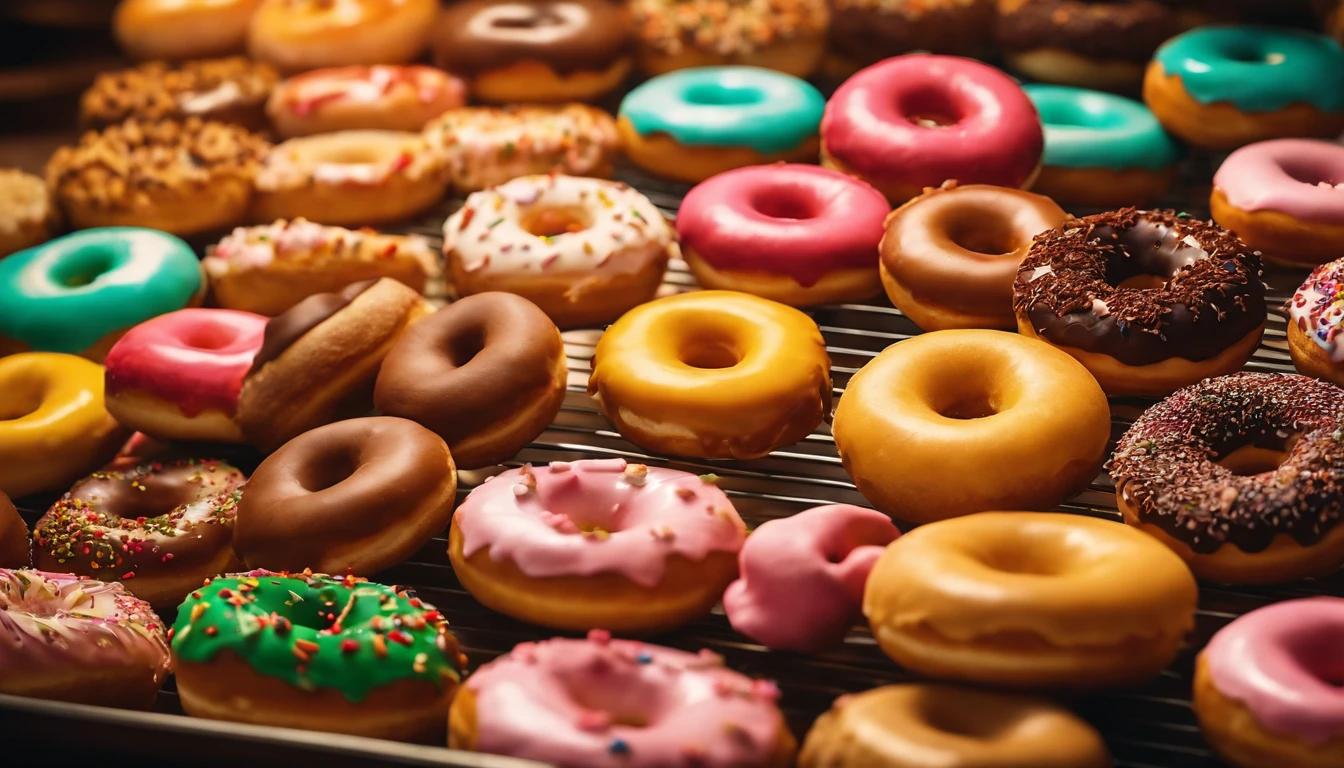 A high-resolution image of a donut shop display, with rows of perfectly round donuts in various flavors, colors, and designs, creating a visually inviting and tempting scene