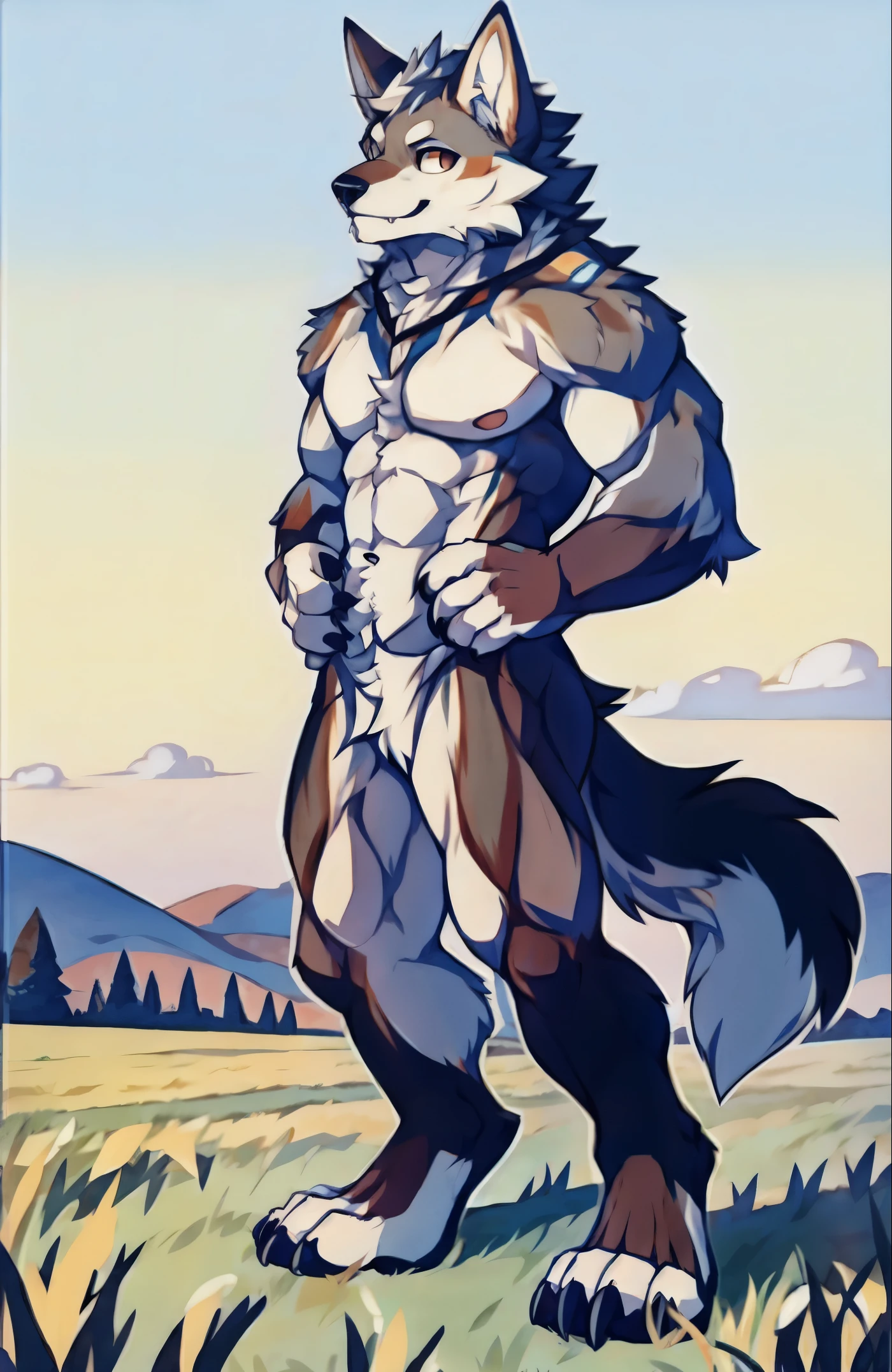 Human-wolf,musculouull Body Furry,paws with claws,pass upright,The upper body ,field