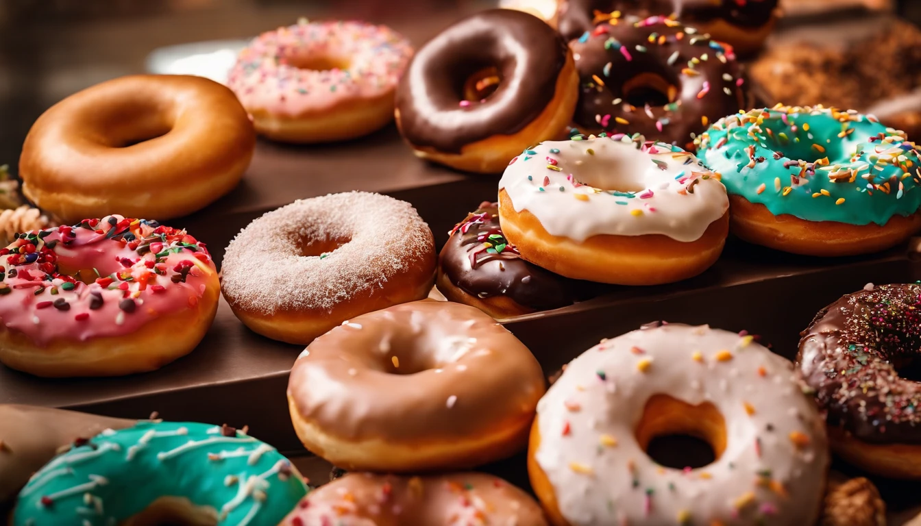 A high-resolution image of a donut shop display, with rows of perfectly round donuts in various flavors, colors, and designs, creating a visually inviting and tempting scene