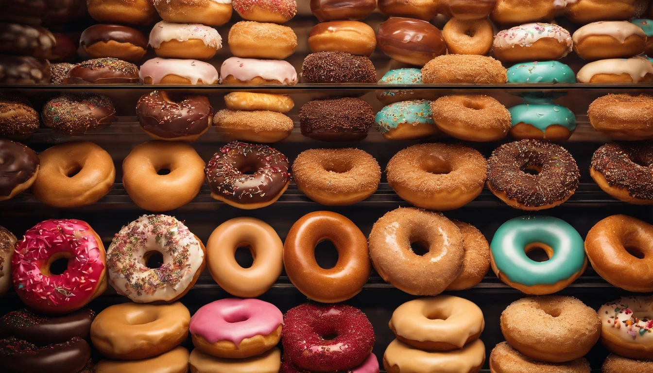 A high-resolution image of a donut shop display, with rows of perfectly round donuts in various flavors, colors, and designs, creating a visually inviting and tempting scene