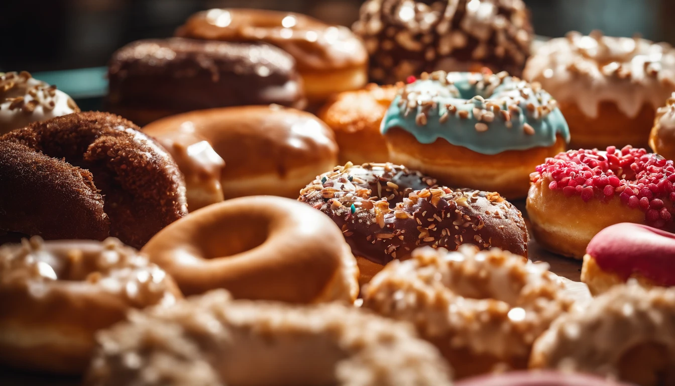 A high-resolution image of a donut shop display, with rows of perfectly round donuts in various flavors, colors, and designs, creating a visually inviting and tempting scene