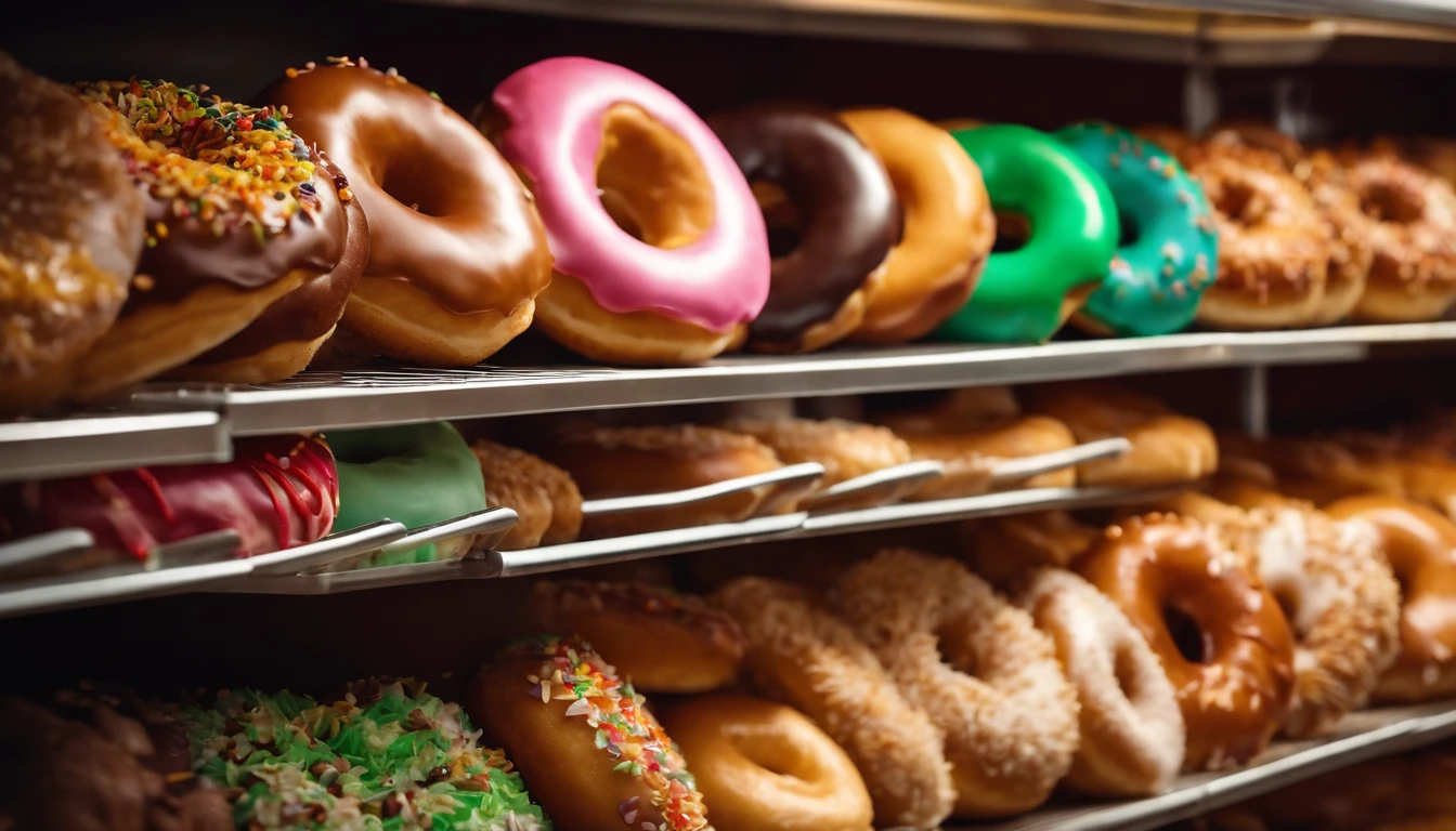 A high-resolution image of a donut shop display, with rows of perfectly round donuts in various flavors, colors, and designs, creating a visually inviting and tempting scene