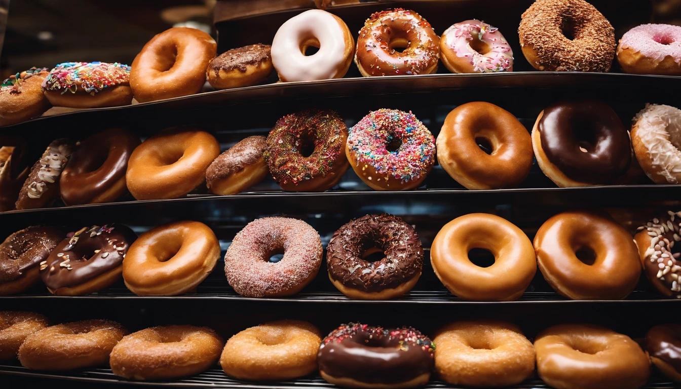 A high-resolution image of a donut shop display, with rows of perfectly round donuts in various flavors, colors, and designs, creating a visually inviting and tempting scene