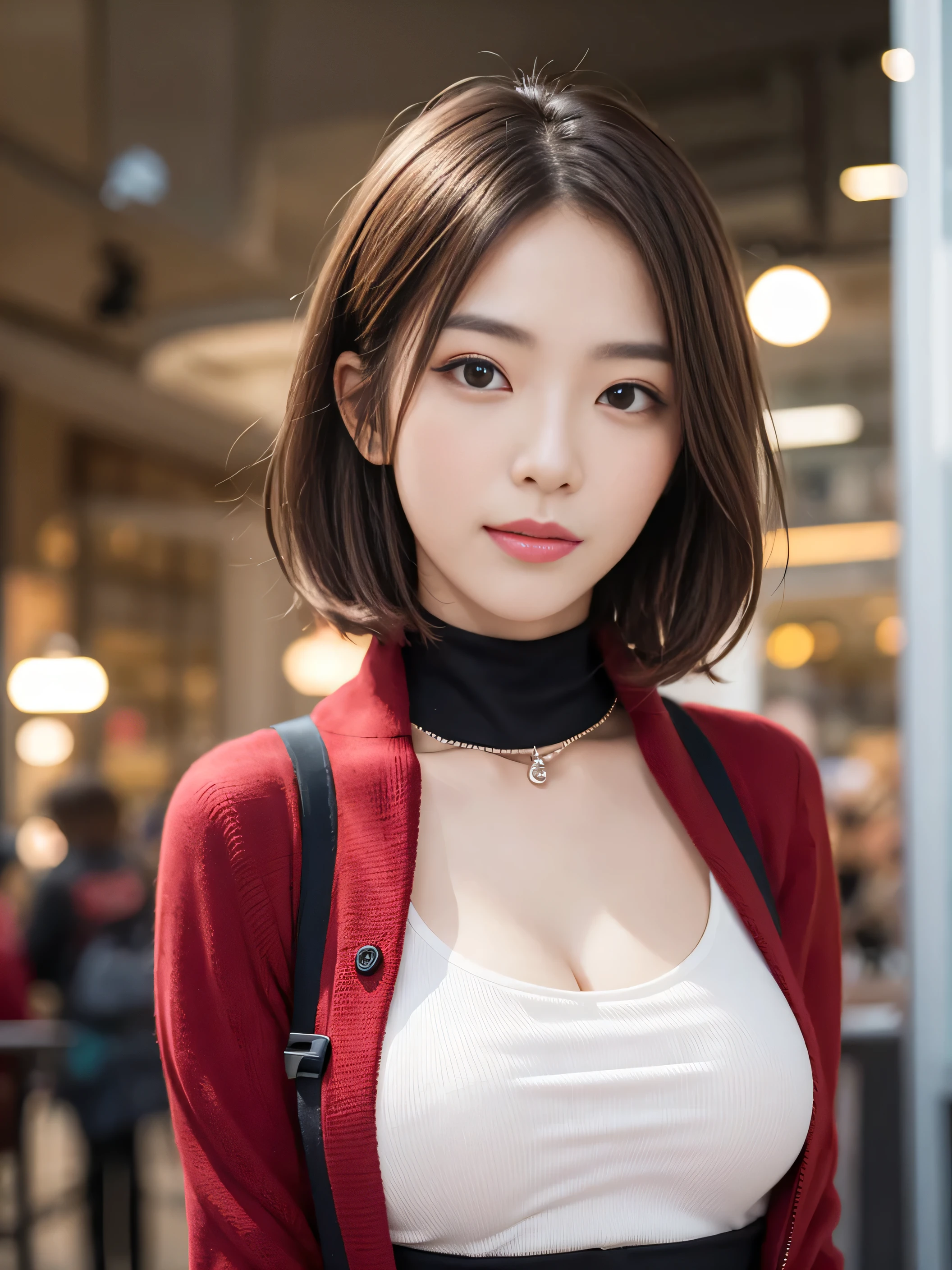 (8K,masutepiece, Raw photo,Best Quality:1.4),(photographrealistic:1.2),(extremely Detailed face),(Shiny skin),(Detailed skin),(Detailed face),(Extremely beautiful face),1girl in,Looking at Viewer,Japanese ido、(((Short-cut hairstyles))),Smile,glamor,big chest jacket, Turtleneck sweater, Pleated skirt:1.2), Christmas Market,High Position,Professional Lighting、(((G Cup Big)))、Elegant Pose、 Looking at the camera、Standing、Full-body photos、