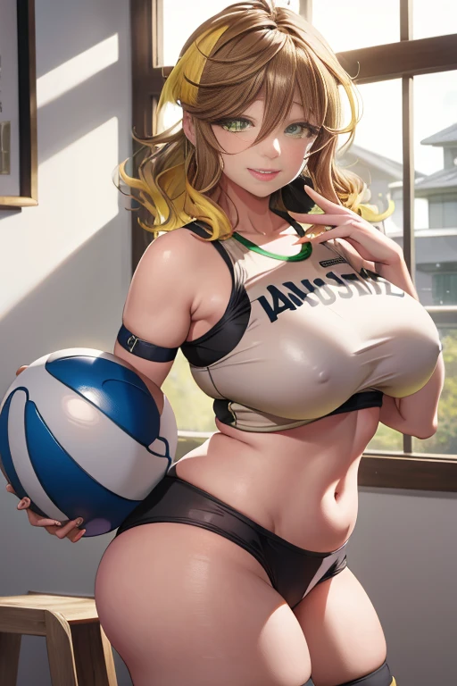 amicia michella - nijisanji, naime style 1girl, (((bimbo))), brown short hair, yellow inner hair, wavy hair, green eyes, (((bimbo))), thin lips, painted lips, shy smile face, wide hips, thick thighs, huge round ass, curvy accentuated booty, shiny oily breasts, sexy volleyball, full body, gym, nsfw