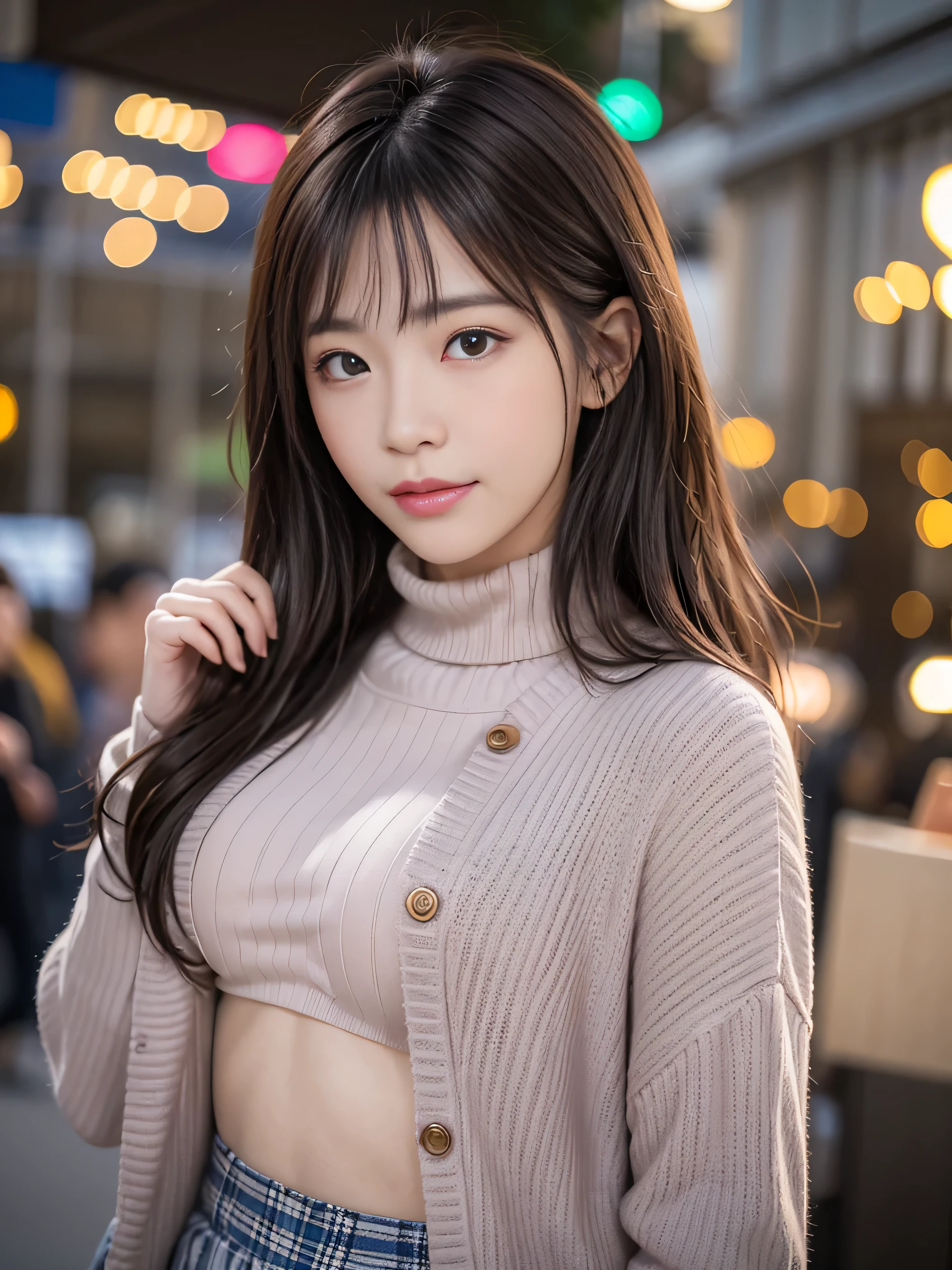 (8K,masutepiece, Raw photo,Best Quality:1.4),(photographrealistic:1.2),(extremely Detailed face),(Shiny skin),(Detailed skin),(Detailed face),(Extremely beautiful face),1girl in,Looking at Viewer,Japanese ido、(((Cute short hairstyle))),Smile,glamor,big chest jacket, Turtleneck sweater, Pleated skirt:1.2), Christmas Market,High Position,Professional Lighting、(((G Cup Big)))、Looking at the camera、Standing、Full-body photos、