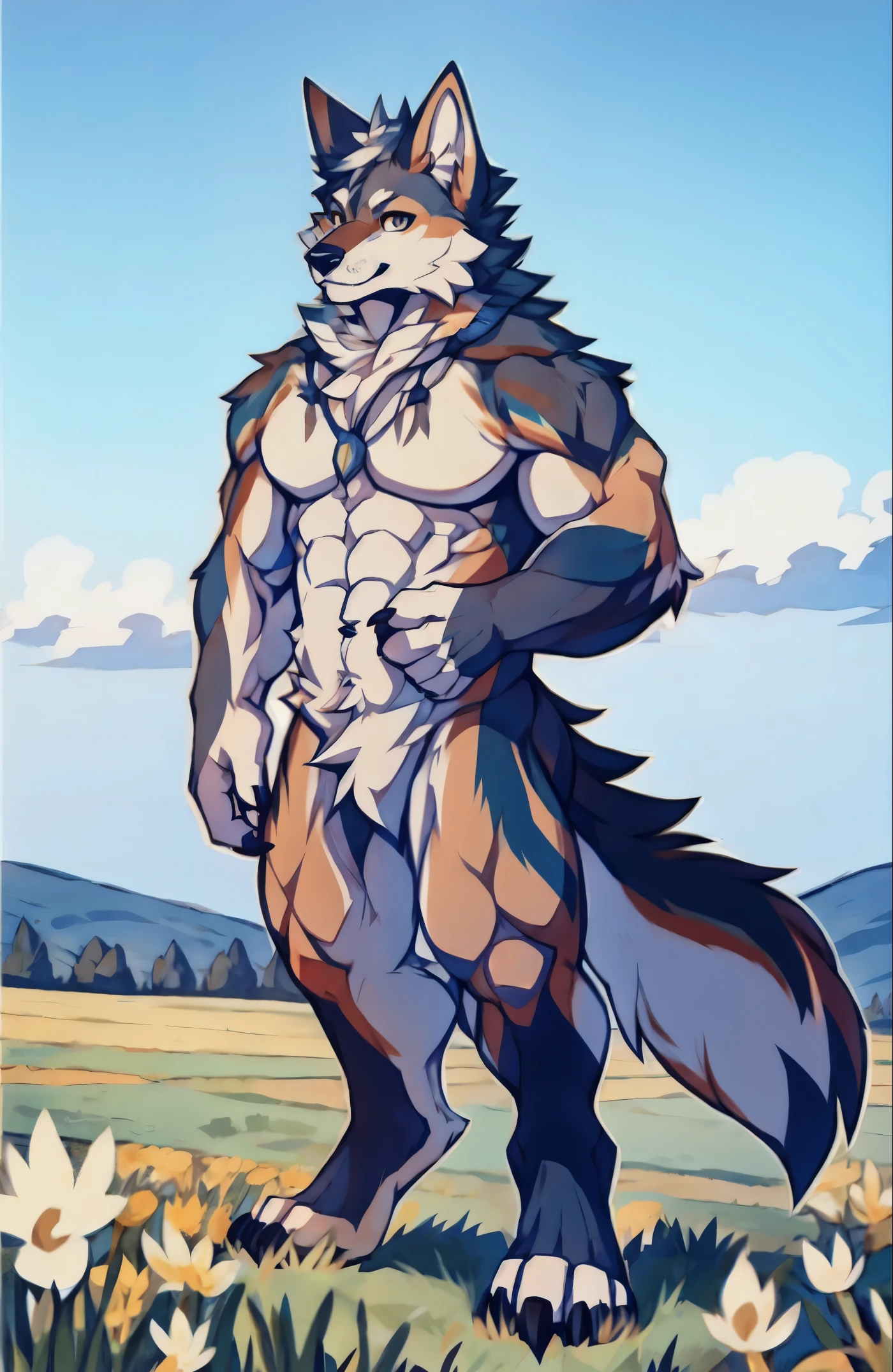 Human-wolf,musculouull Body Furry,paws with claws,pass upright,The upper body naked,field