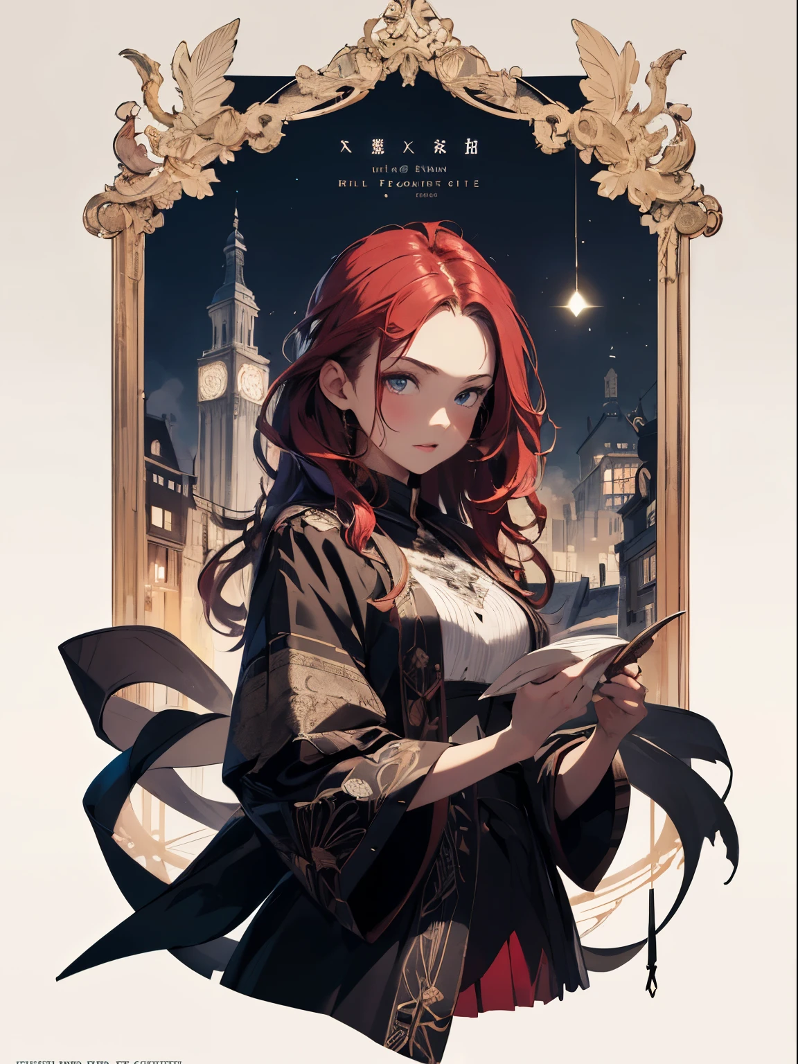 absurderes, hight resolution, ultra-detailliert, (1girl in:1.3), Design images featuring beautiful calligraphy, With expressive lettering, Gracious prosperity, And a sense of craftsmanship and skill、Red-haired
