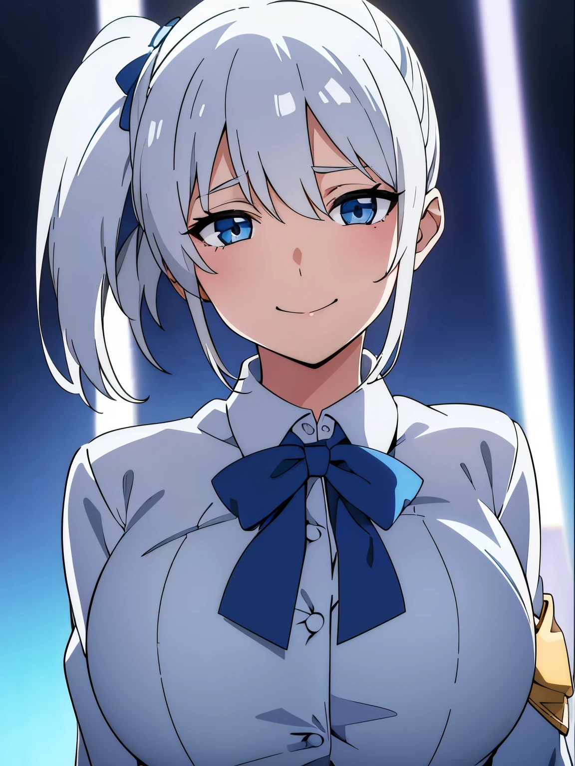 Cute s, School uniform, large full breasts, White hair, Blue eyes, Twin-tailed, Upper body, body focus, turn your eyes towards me, Smile, blash, Ashamed, Center the character