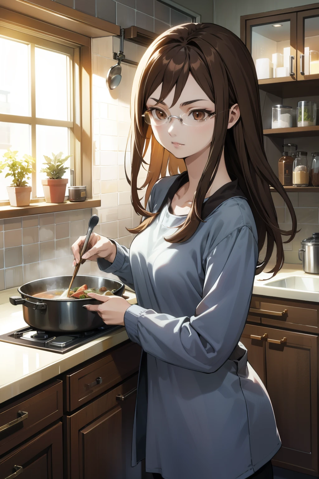 yakushiji, glasses, brown eyes,
casual, 
1girl, solo,
indoors, kitchen, cooking