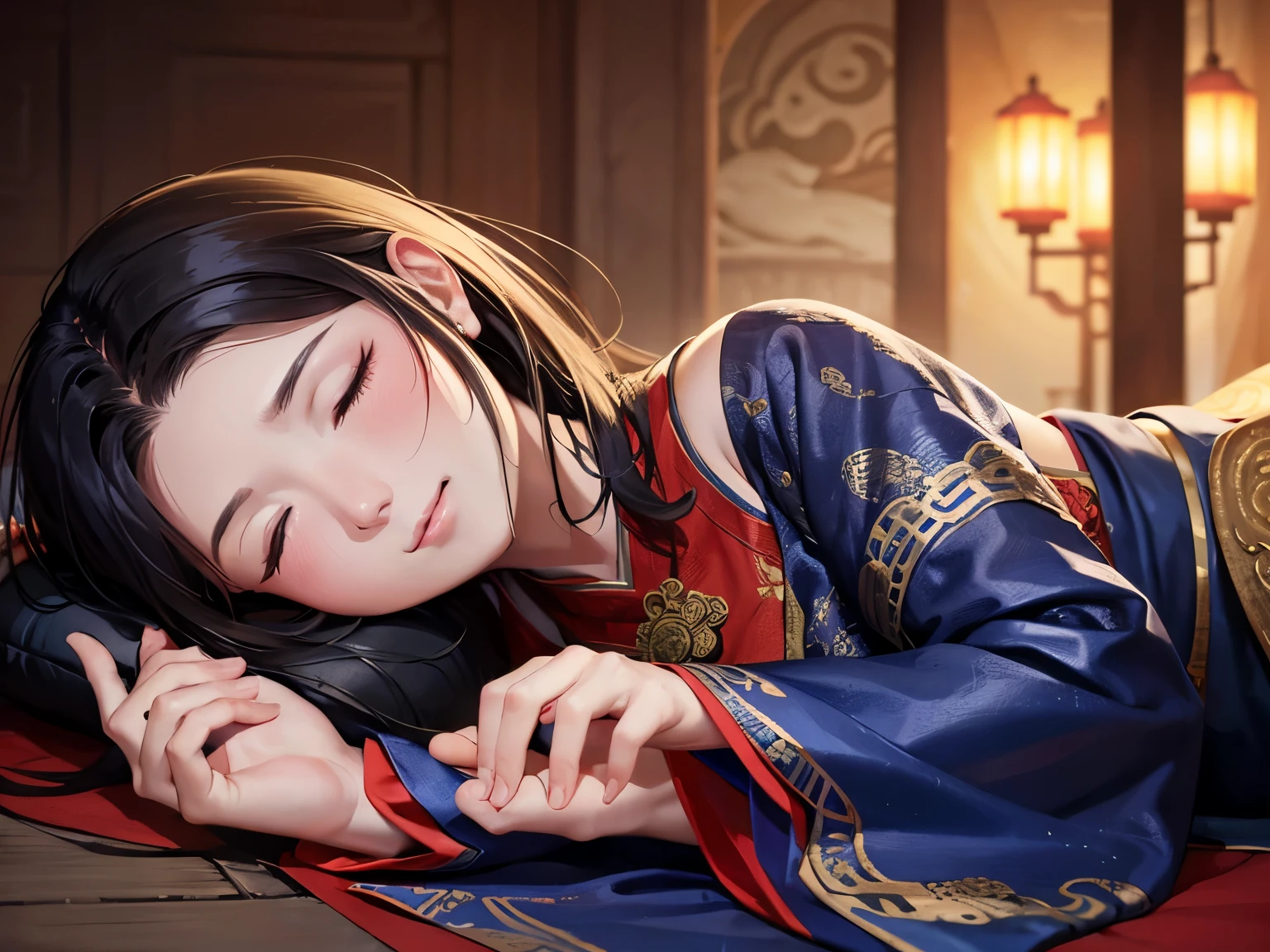 Portrait 1 middle-aged woman ,Wearing ancient Chinese clothing，Lying on the road，With his eyes closed，Holding a stone in his hand, fantasy, Dark, dim murky lights, ((tmasterpiece, Best quality at best, )),