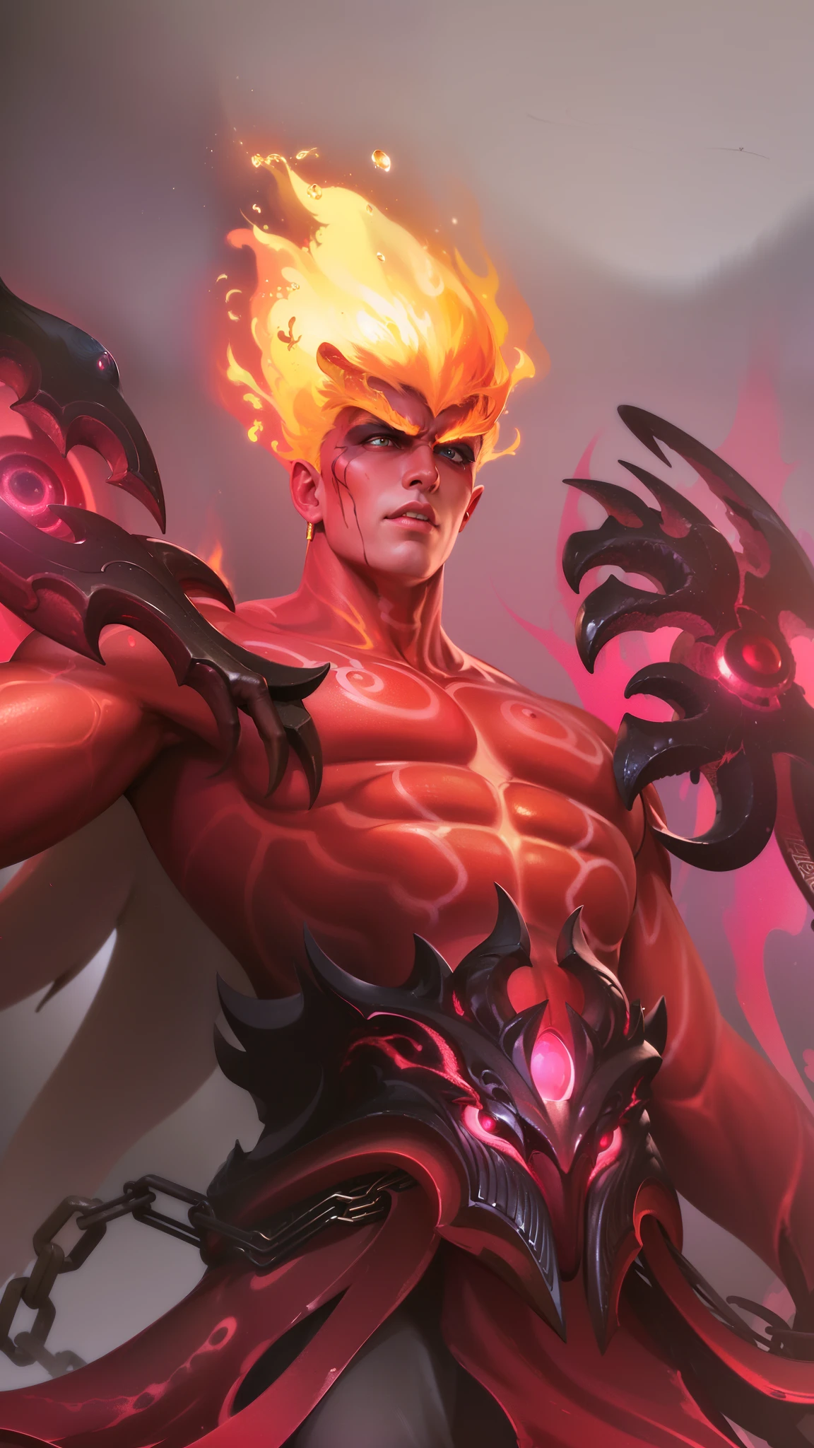 masculine male, masterpiece, ((perfect eyeest quality, (semirealism:1.9), beautiful lighting, (extremely detailed CG unity 4k fhd wallpaper), High Detail, Sharp focus, dramatic outdoors, 1 boy ,19 years old, red hair, blue eyes, Boy with two big horns, big earrings on ears, elf ear, red eyes, Thick eyebrows, evil smile, grinning,red body, red face, Burning skin, yellow diamonds glistening on chest, burning red skin,golden robe behind, big white belt , 8k , realistic, scary.