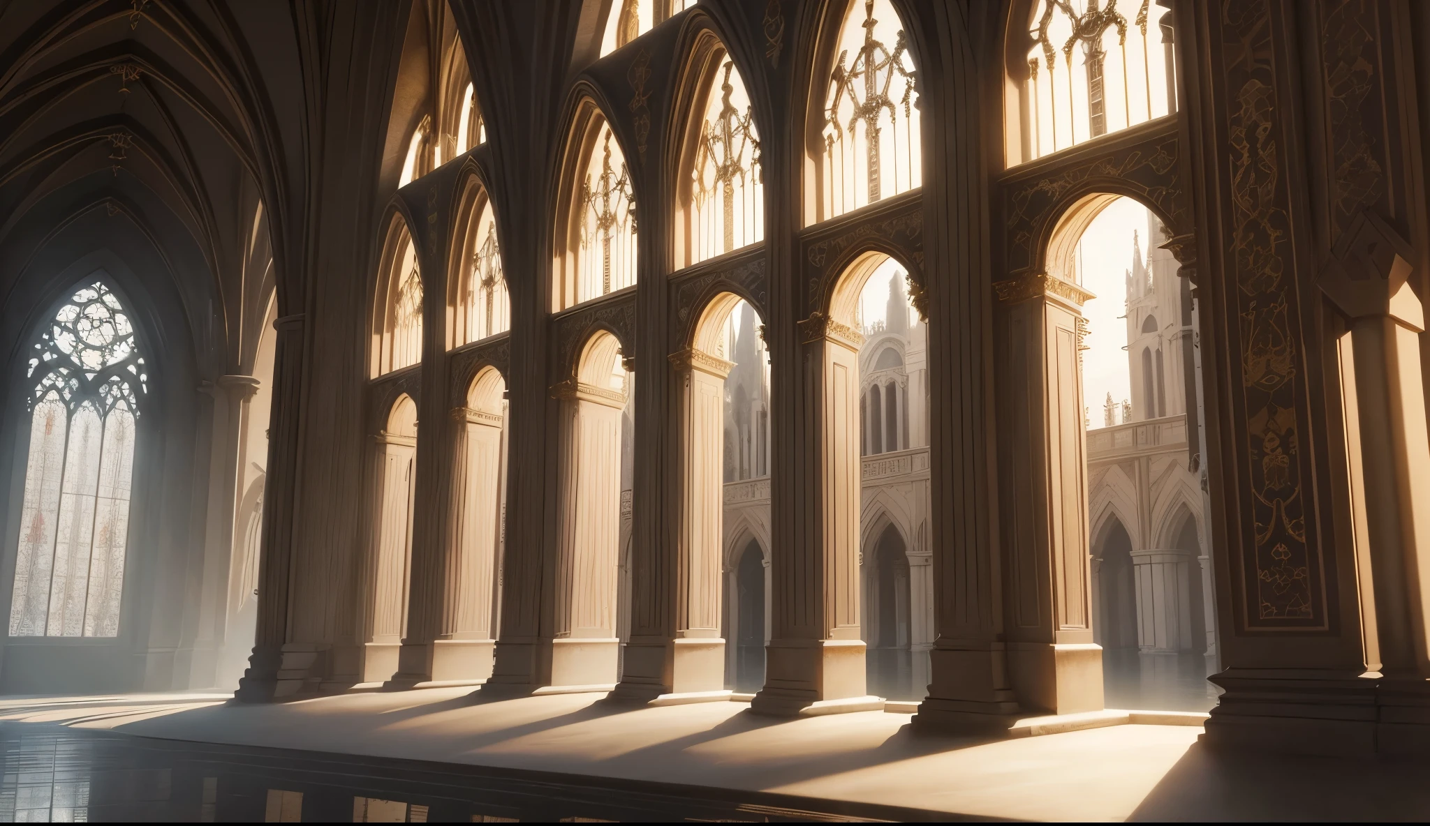 Off-white tones的gothicarchitecture，tmasterpiece, quality, Best quality at best, offcial art, Beautiful and beautiful:1.2, extremely detaile, (s fractal art:1.3) gothicarchitecture，Off-white tones，Western European medieval style的修道院, Medieval monastery during the Age of Discovery，Located by the river，Western European medieval style，