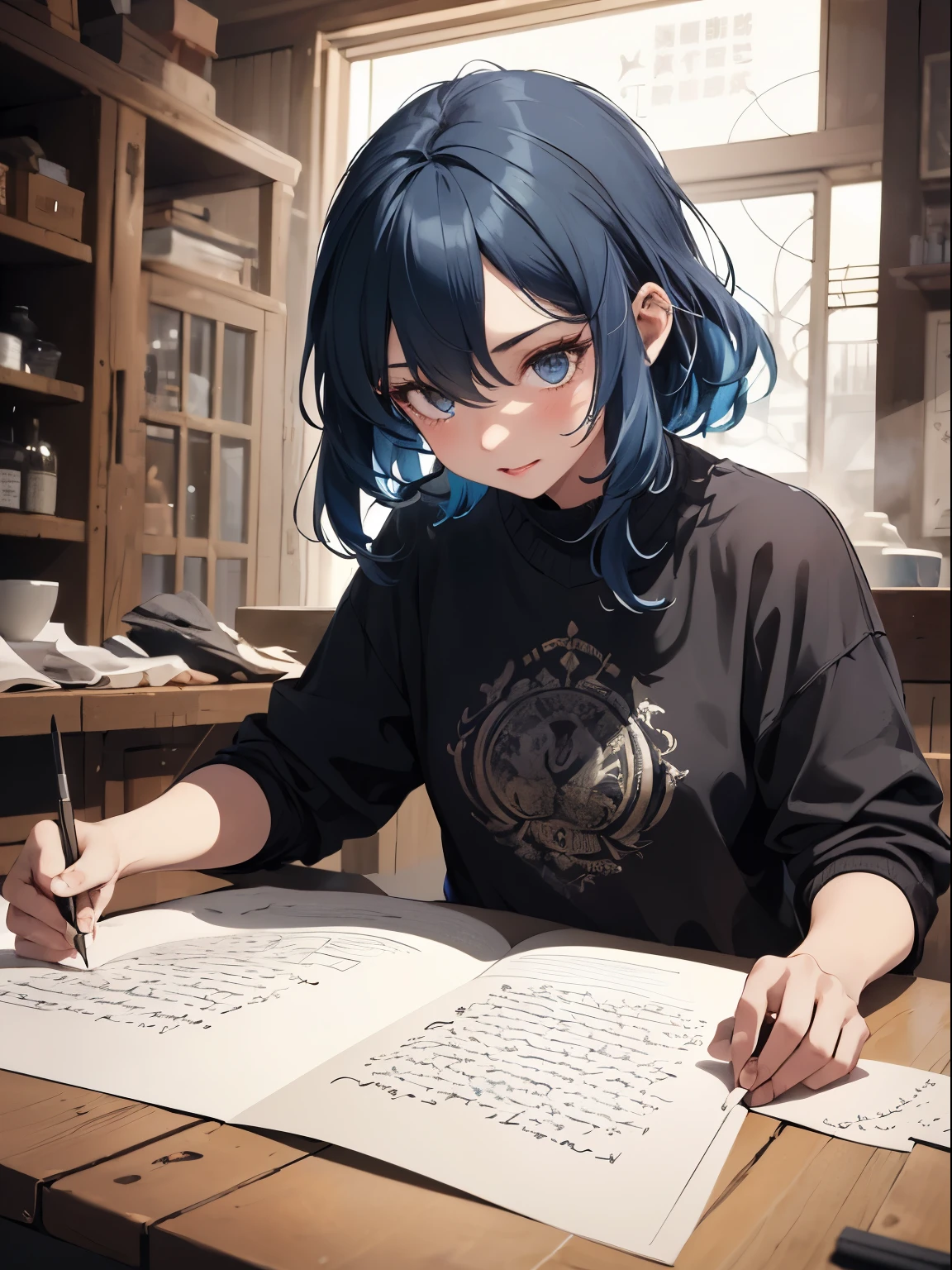 absurderes, hight resolution, ultra-detailliert, (1girl in:1.3), Design images featuring beautiful calligraphy, With expressive lettering, Gracious prosperity, And a sense of craftsmanship and skill、Blue-haired