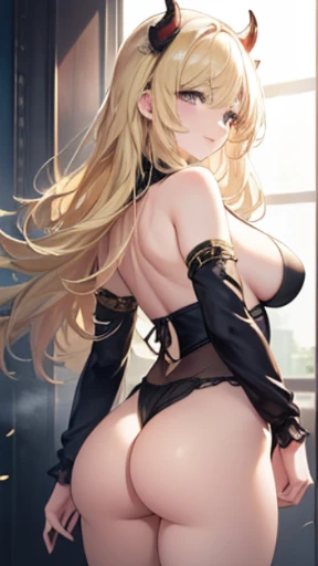 8K, 4K, Best Quality, High resolution: 1.2), (Masteristic, Realistic, Photoreal: 1.4), One Woman, Beautiful face, she is smiling、Shining Lipin Eyes, Beholder, Fair skin, White skin: 1.5), fine complexion, Big, Big, blond hair color、Bangs, , with two sides up,, 年轻, s asack-view、big butts、Colossal tits、H-cup、Lower hair、standinian hair、There are horns growing from the head、back-view、exposed nipples、Wearing Sleeves
