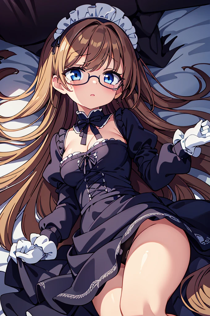 Masterpiece, Best Quality, extremly detailed, Cinematic lighting, intricate detials, hight resolution, official arts, finely detailed beautiful face and eyes, high-resolution illustration, 8K, dark intense shadows, 1girl, medium breast, long brown hair, copper hair tips, brown eyes, glasses, (swept bangs), maid uniform, dark blue dress, black shirt, puffy sleeves, long sleeves, white gloves, maid headdress, lace-up white panties, broken look, broken, blushing, tears, lying on the floor, cum, blood, cum and blood flowing out of pussy, bare breasts, pubic hair