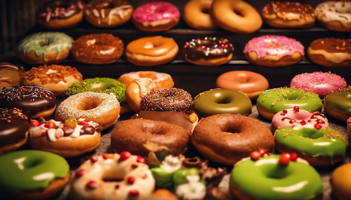 A high-resolution image of a donut shop display, with rows of perfectly round donuts in various flavors, colors, and designs, creating a visually inviting and tempting scene
