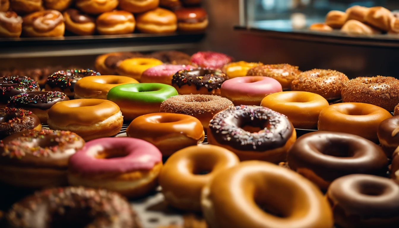 A high-resolution image of a donut shop display, with rows of perfectly round donuts in various flavors, colors, and designs, creating a visually inviting and tempting scene