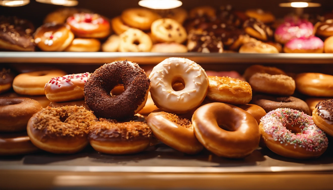 A high-resolution image of a donut shop display, with rows of perfectly round donuts in various flavors, colors, and designs, creating a visually inviting and tempting scene