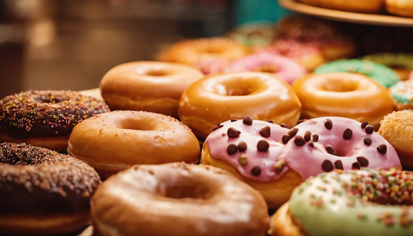 A high-resolution image of a donut shop display, with rows of perfectly round donuts in various flavors, colors, and designs, creating a visually inviting and tempting scene