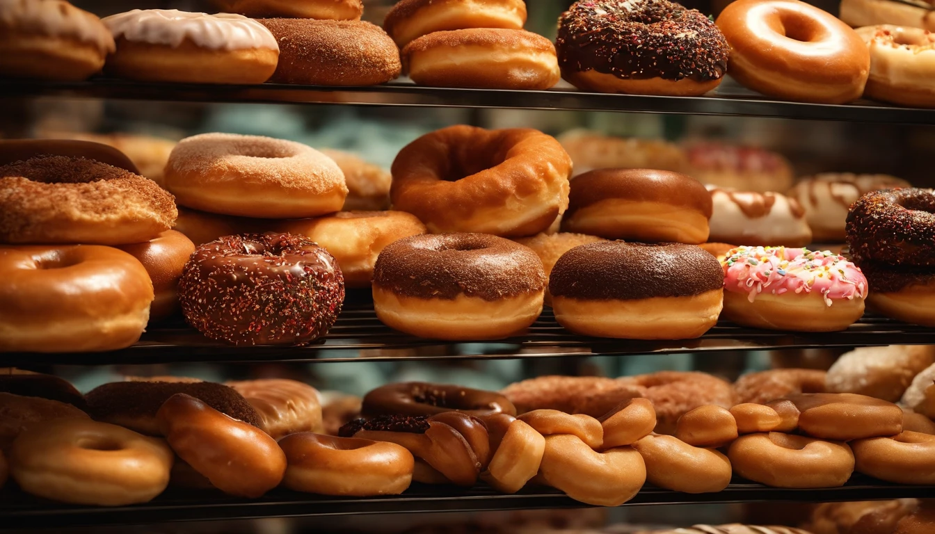 A high-resolution image of a donut shop display, with rows of perfectly round donuts in various flavors, colors, and designs, creating a visually inviting and tempting scene