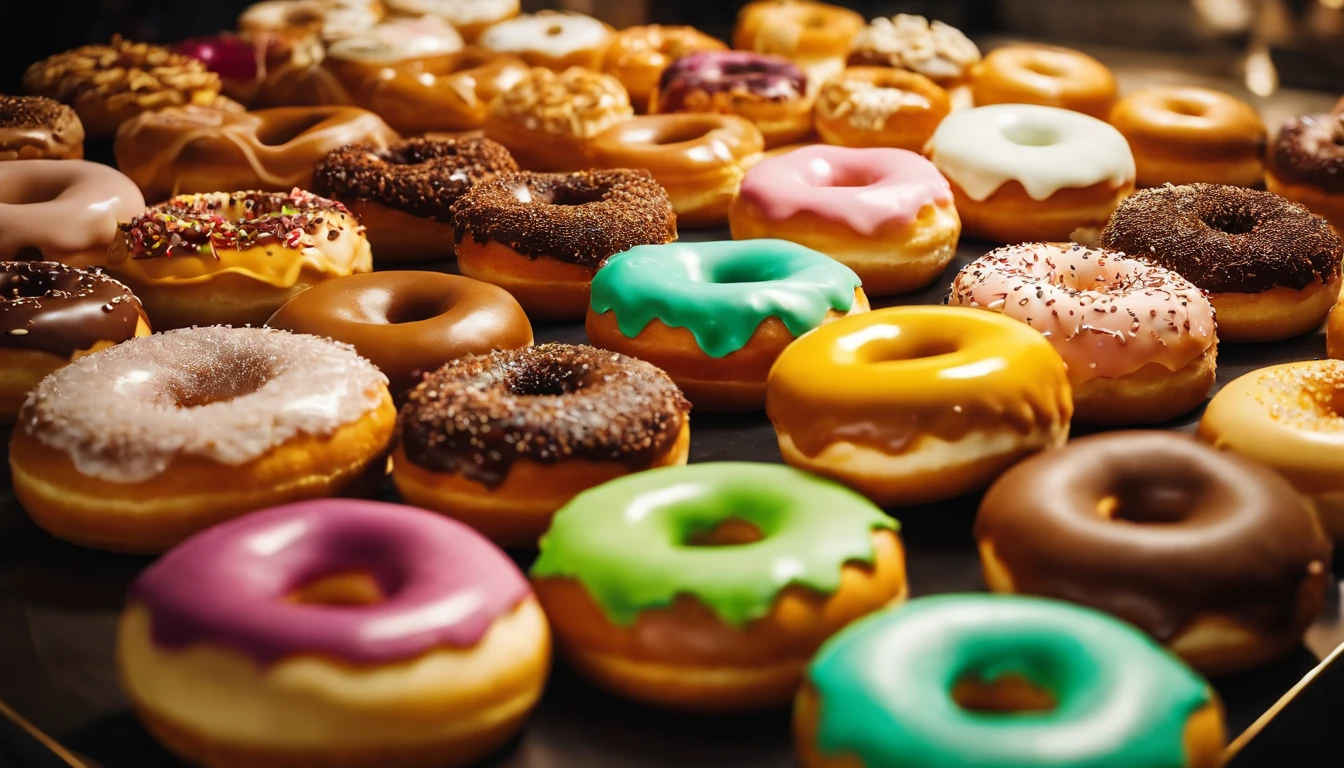 A high-resolution image of a donut shop display, with rows of perfectly round donuts in various flavors, colors, and designs, creating a visually inviting and tempting scene
