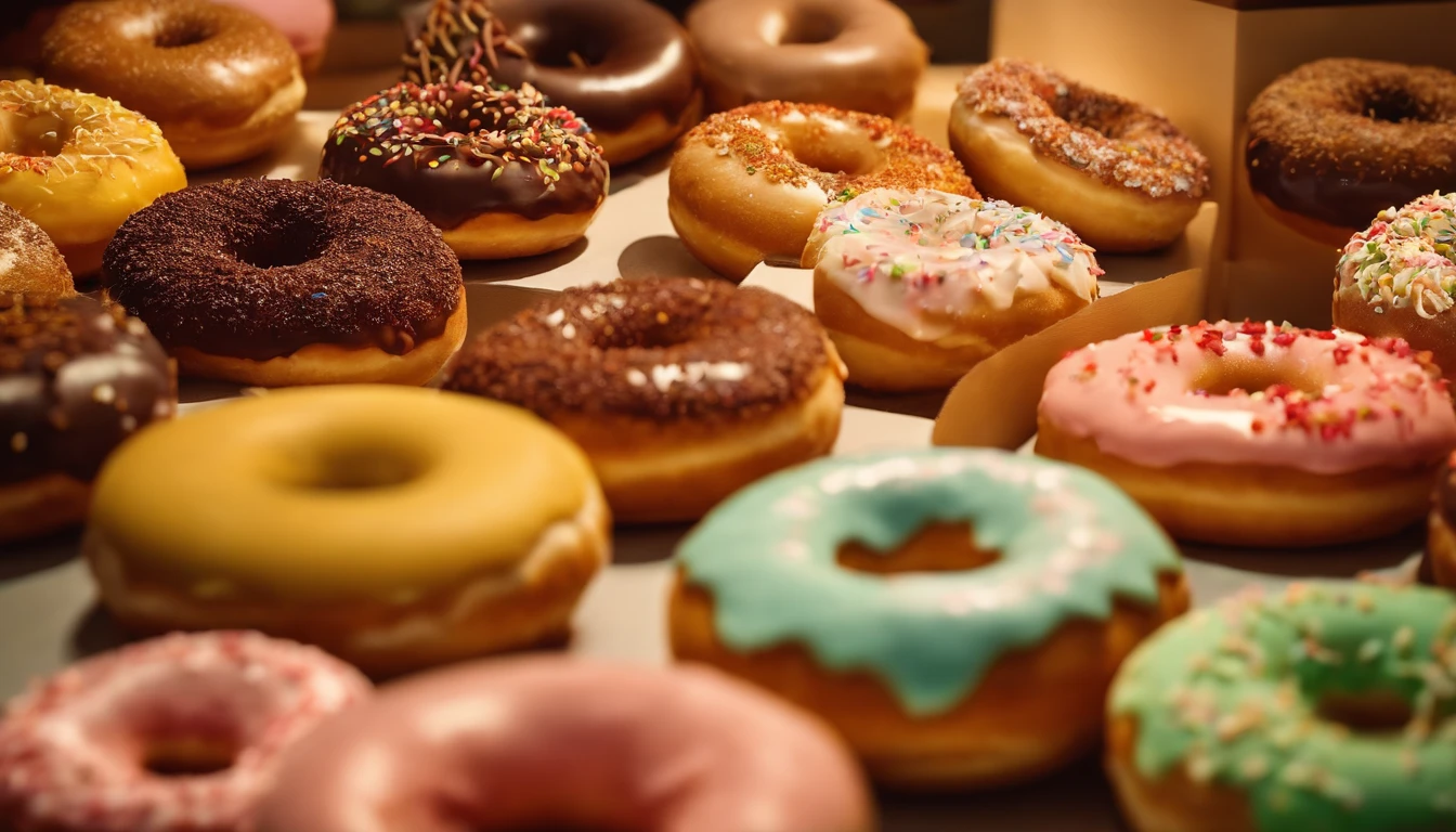 A high-resolution image of a donut shop display, with rows of perfectly round donuts in various flavors, colors, and designs, creating a visually inviting and tempting scene