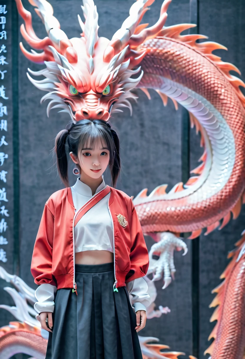 A cute Chinese girl,Standing next to the Chinese dragon, cyber punk personage, Red cotton jacket，TRADITIONAL CHINESE COSTUMES，Double ball hairstyle，Dragon in the background, Mechanical elements，rainbowing，a hologram，tmasterpiece，ultraclear，UE5，bailing_eastern dragon