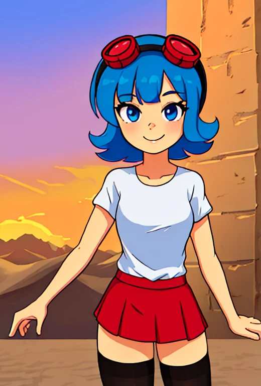 (masterpiece:1.4), (best quality:1.4), (high resolution:1.4), cartoon style,  young, FridaSuarezv1.5 teenager, red miniskirt, white shirt, red goggles, smile, short blue hair, looking at viewer, detailed face, detailed eyes, small breasts, cowboy city in the desert, sun, desert town,