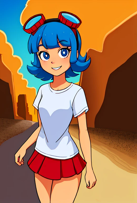 (masterpiece:1.4), (best quality:1.4), (high resolution:1.4), cartoon style,  young, FridaSuarezv1.5 teenager, red miniskirt, white shirt, red goggles, smile, short blue hair, looking at viewer, detailed face, detailed eyes, small breasts, cowboy city in the desert, sun, desert town,