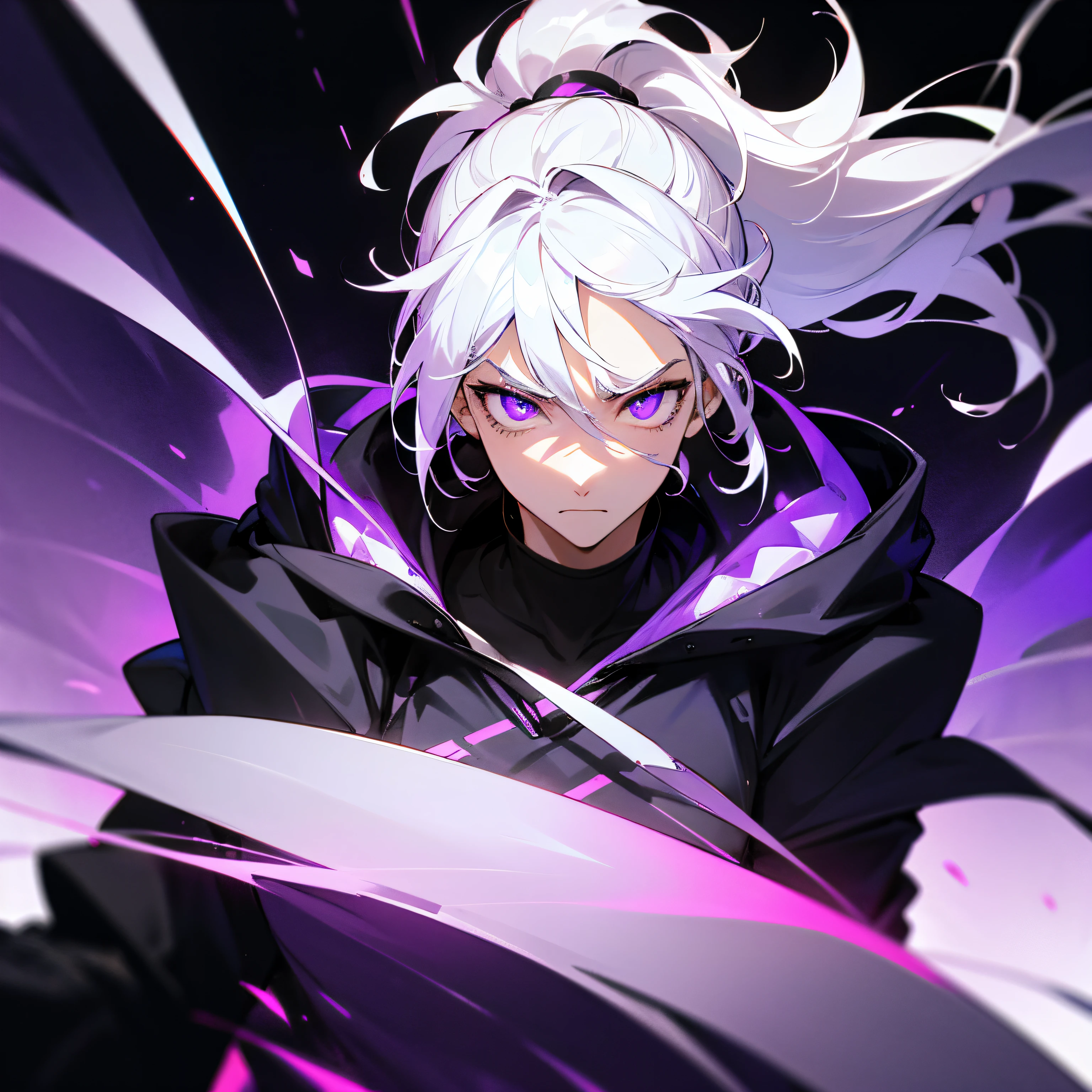 1male with white hair high pony tail purple glowing radiant eye sad face expression ,white long eyelashes, short hair, wearing black hoodie, background very high tech futuristic city black and purple theme, wind blowing hair,