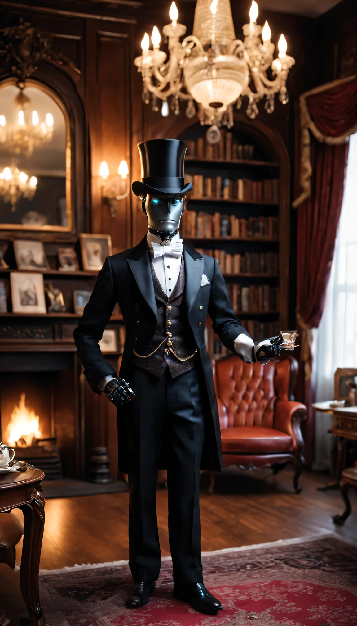 Steampunk robot butler,Top hat and tailcoat,smart and polite,Well-designed Victorian interior,detailed,gorgeous furniture,Polished hardwood floors,high polished silver,Crisp white linen,plush curtains,The wall bookshelves are filled with leather bound tomequisite tea sets,Magazines are well organized,majestic fireplace,Large chandeliers cast a warm glow,vivd colour,Defocus,Studio lights up,(Best quality,4K,8K,tmasterpiece:1.2),ultradetailed,(realistically,照片realistically,photoreali:1.37)