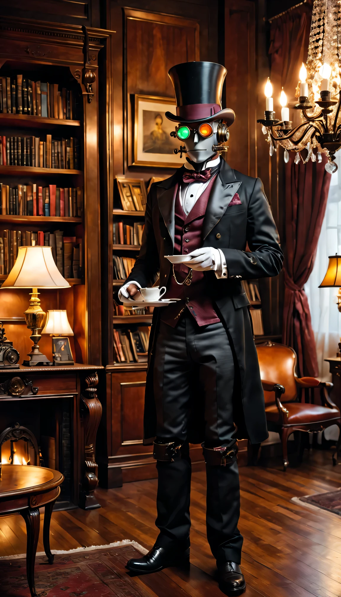 Steampunk robot butler，Top hat and tailcoat，smart and polite，Well-designed Victorian interior，detailed，gorgeous furniture，Polished hardwood floors，high polished silver，Crisp white linen，plush curtains，The wall bookshelves are filled with leather bound tomequisite tea sets，Magazines are well organized，majestic fireplace，Large chandeliers cast a warm glow，vivd colour，Defocus，Studio lights up，（Best quality，4K，8K，tmasterpiece：1.2），ultradetailed，（realistically，照片realistically，photoreali：1.37）
